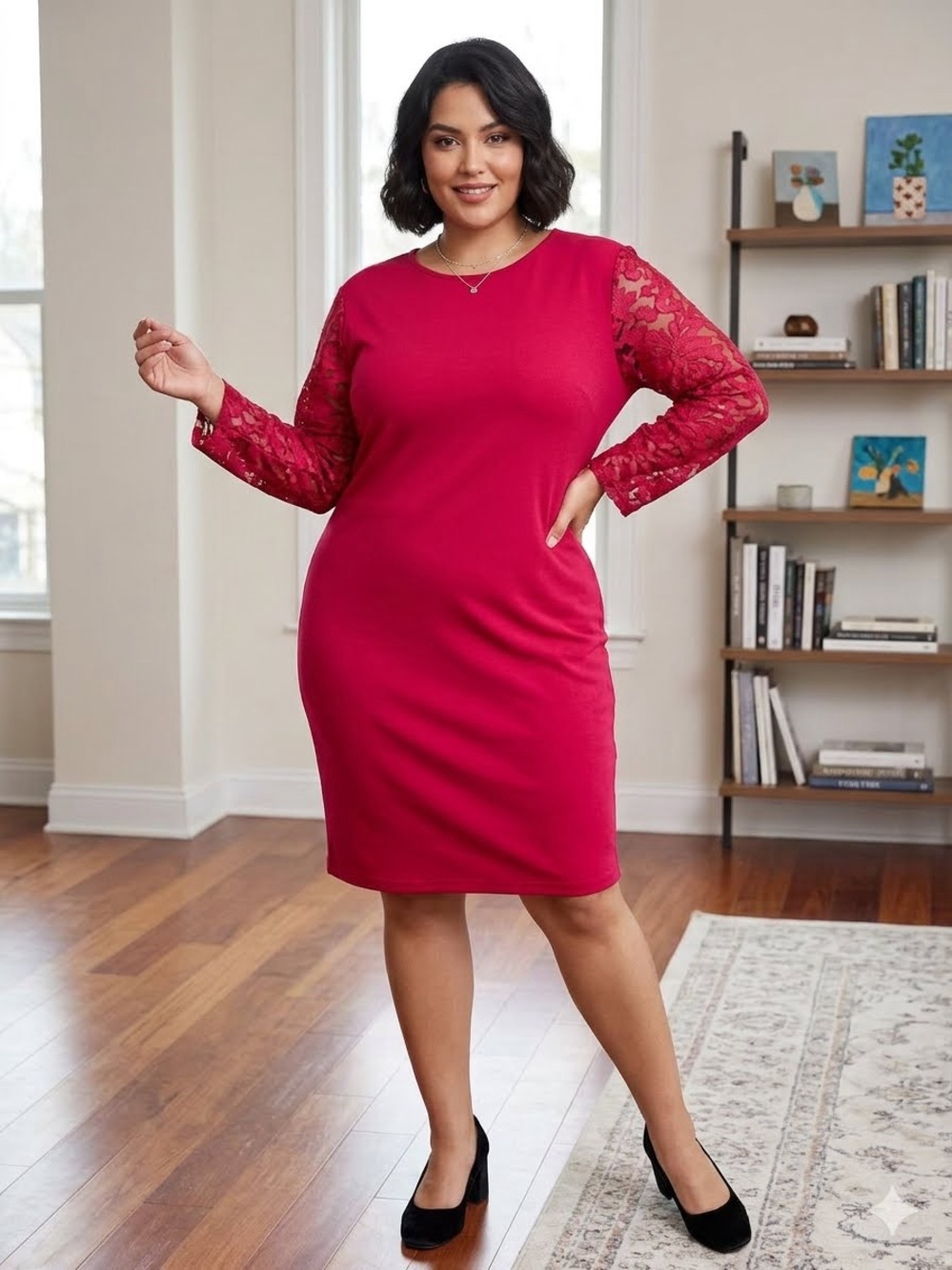 Plus Size Lace Sleeve Dress- Red
